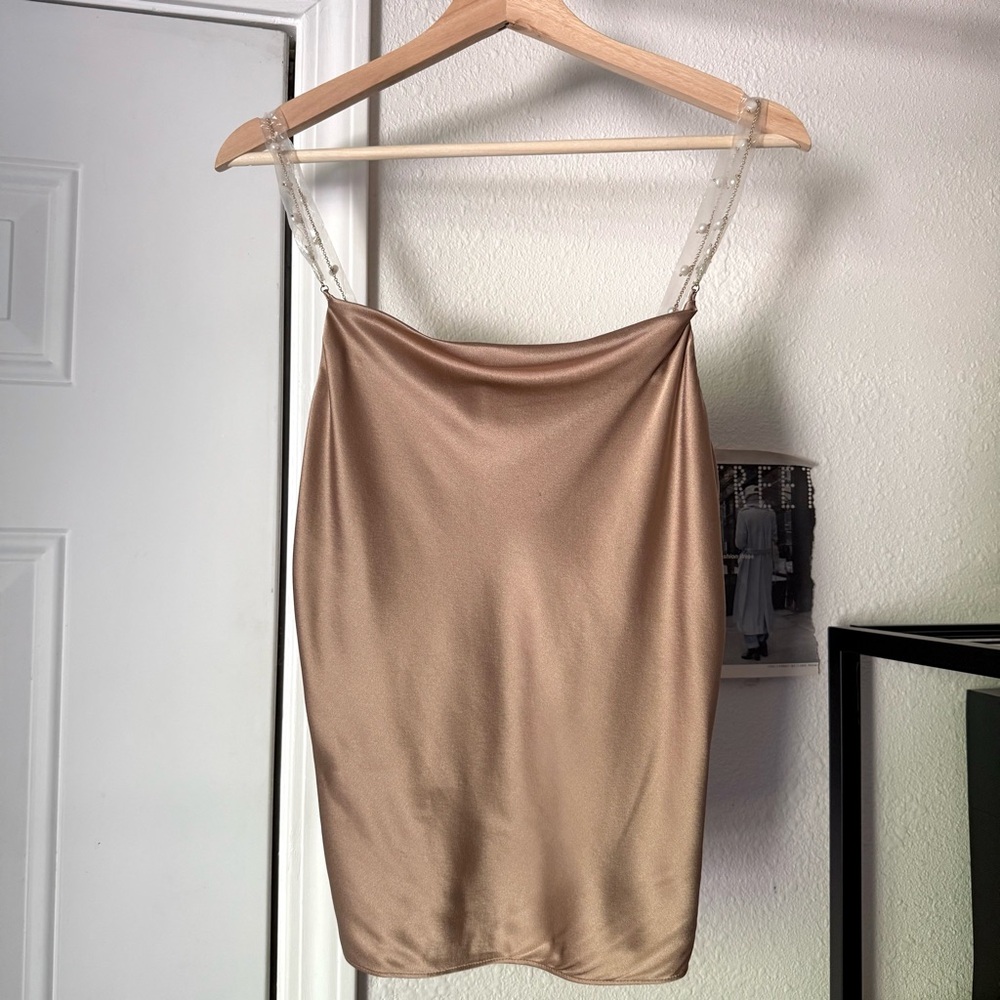 NWT CAMI NYC dusty rose pink silk cropped‎ pearl strap tank top